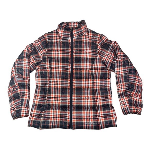 Eddie Bauer CirrusLite Down Jacket Womens Medium Red Black Plaid Puffer 650 Fill - Picture 4 of 12